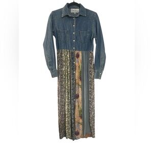 Vintage La Costa Spa Dress Mixed Fabric Denim Floral Maxi Pearl Button Front S